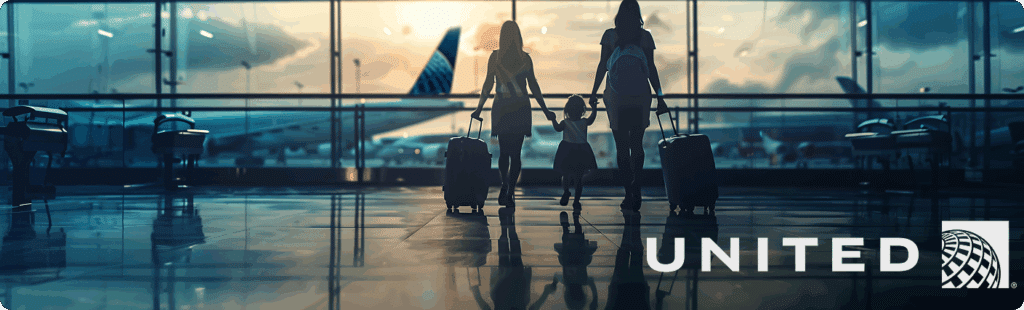 Silhouetted family walking with luggage in an airport at sunset, United Airlines logo shown